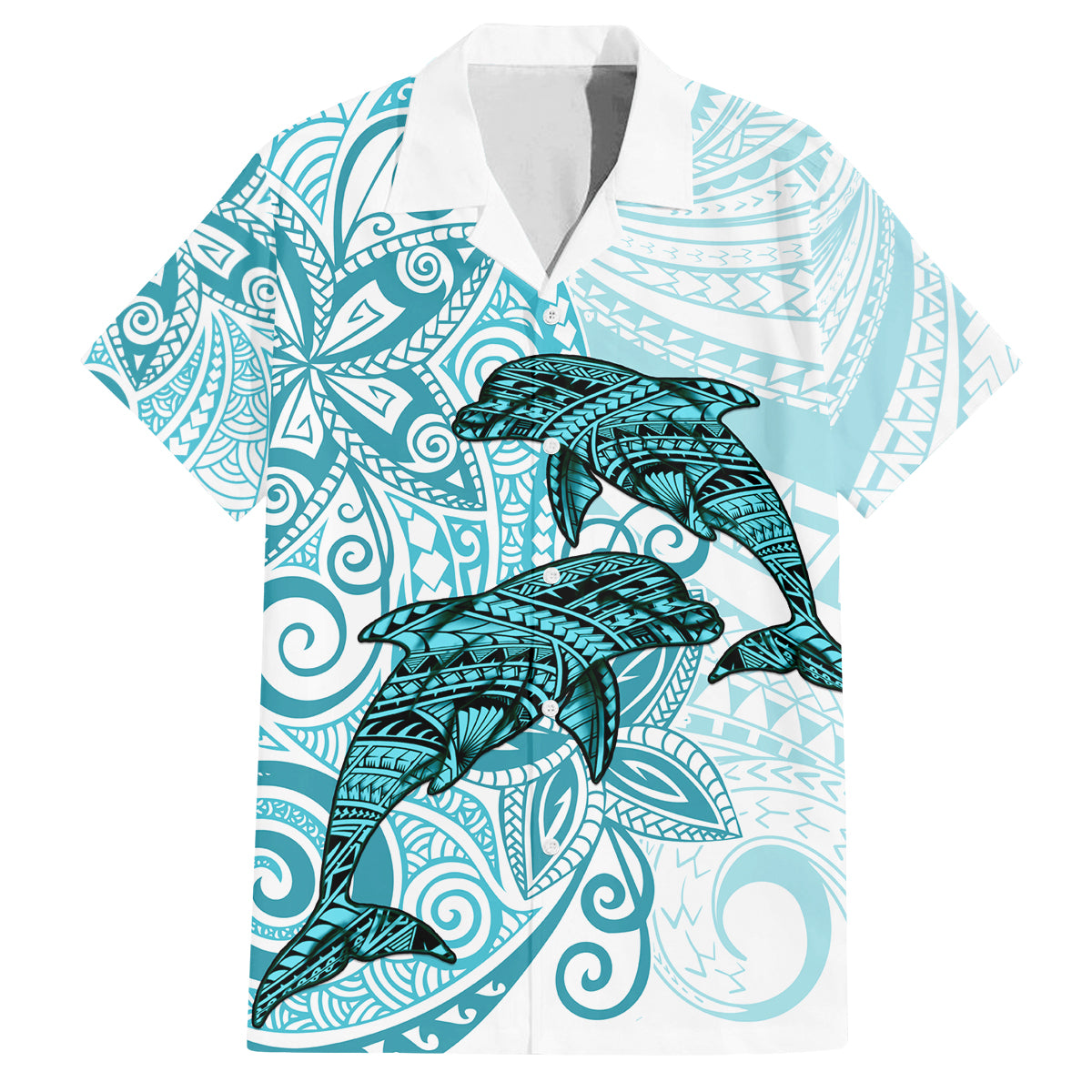 Polynesia Dolphins Family Matching Tank Maxi Dress and Hawaiian Shirt Valentine Day Floral Polynesian - Vintage Dark Cyan LT14 Dad's Shirt - Short Sleeve Dark Cyan - Polynesian Pride
