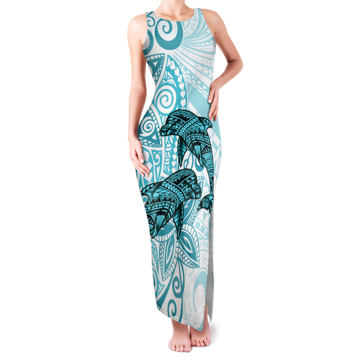 Polynesia Dolphins Family Matching Tank Maxi Dress and Hawaiian Shirt Valentine Day Floral Polynesian - Vintage Dark Cyan LT14 Mom's Dress Dark Cyan - Polynesian Pride