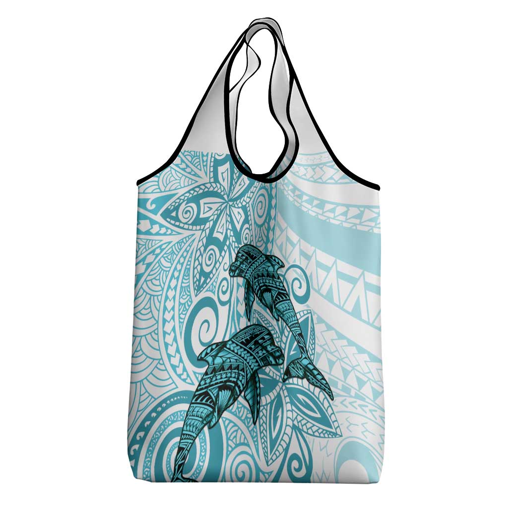 Polynesia Dolphins Grocery Bag Valentine Day Floral Polynesian - Vintage Dark Cyan