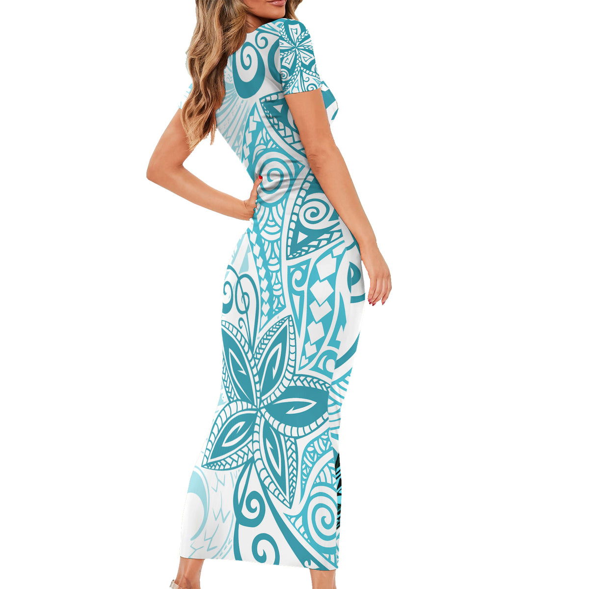Polynesia Dolphins Short Sleeve Bodycon Dress Valentine Day Floral Polynesian - Vintage Dark Cyan LT14 - Polynesian Pride