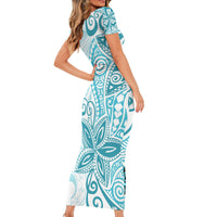 Polynesia Dolphins Short Sleeve Bodycon Dress Valentine Day Floral Polynesian - Vintage Dark Cyan LT14 - Polynesian Pride