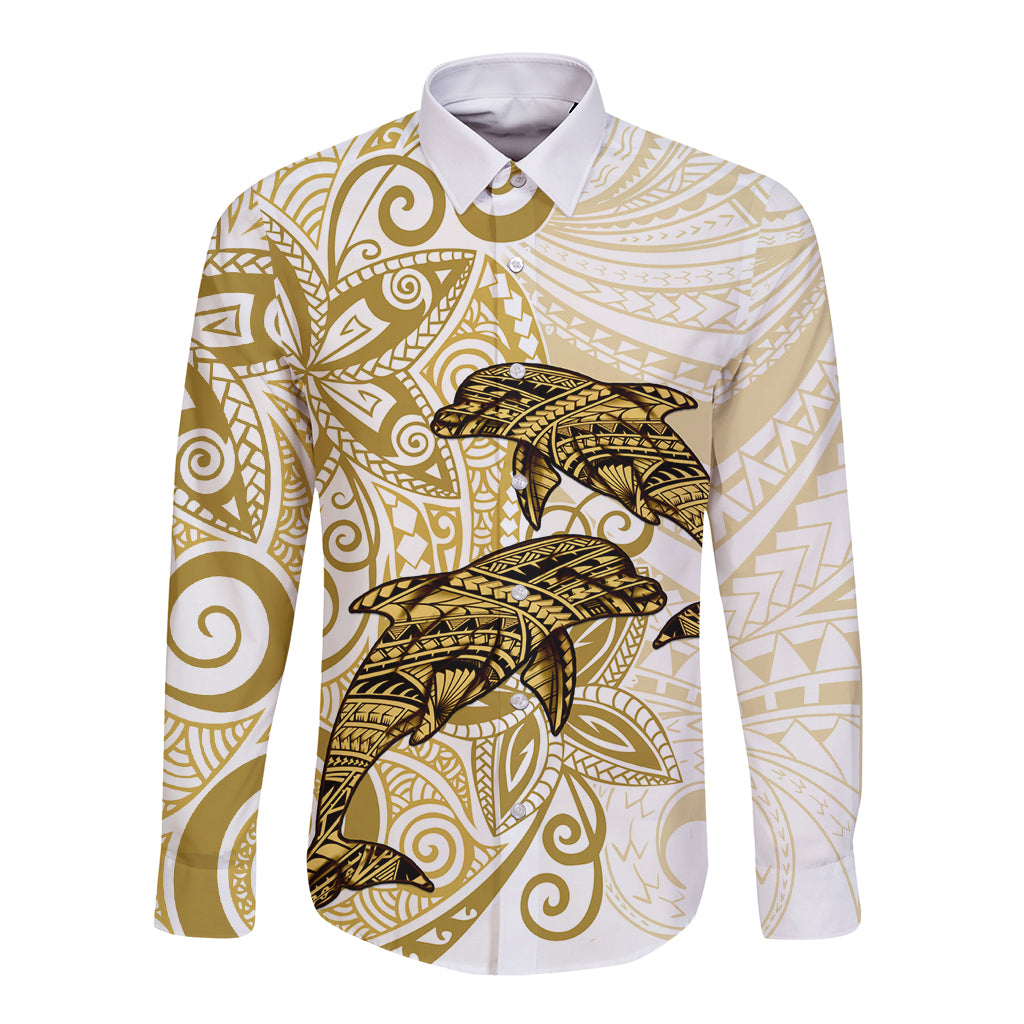 Polynesia Dolphins Long Sleeve Button Shirt Valentine Day Floral Polynesian - Vintage Brown LT14 Unisex Brown - Polynesian Pride
