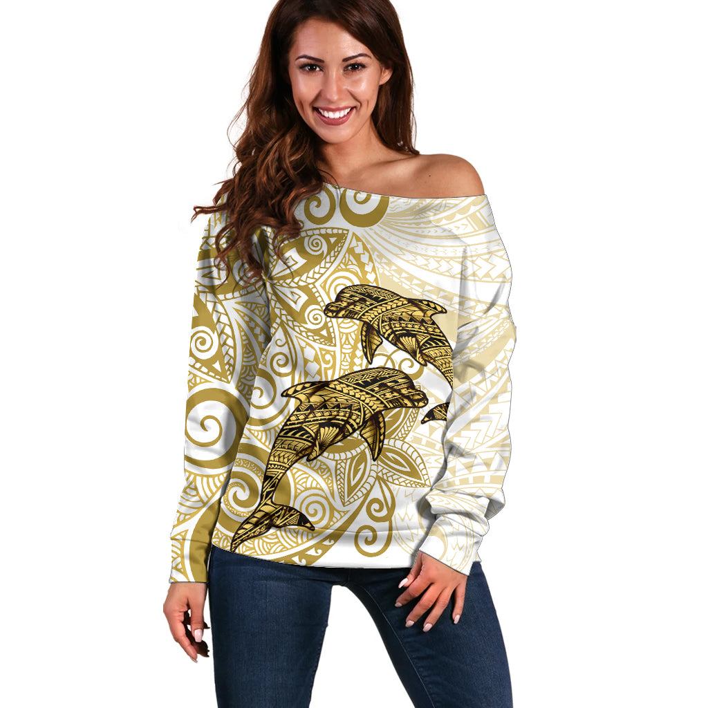 Polynesia Dolphins Off Shoulder Sweater Valentine Day Floral Polynesian - Vintage Brown LT14 Women Brown - Polynesian Pride