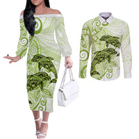 Polynesia Dolphins Couples Matching Off The Shoulder Long Sleeve Dress and Long Sleeve Button Shirt Valentine Day Floral Polynesian - Vintage Lime Green LT14 Lime Green - Polynesian Pride