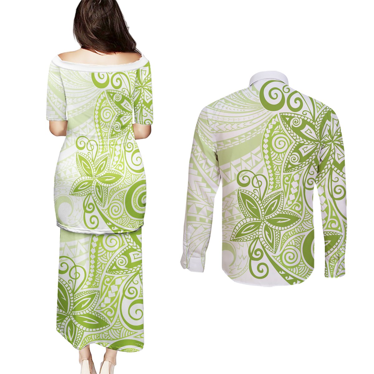 Polynesia Dolphins Couples Matching Puletasi and Long Sleeve Button Shirt Valentine Day Floral Polynesian - Vintage Lime Green LT14 - Polynesian Pride