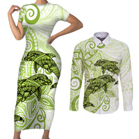 Polynesia Dolphins Couples Matching Short Sleeve Bodycon Dress and Long Sleeve Button Shirt Valentine Day Floral Polynesian - Vintage Lime Green LT14 Lime Green - Polynesian Pride