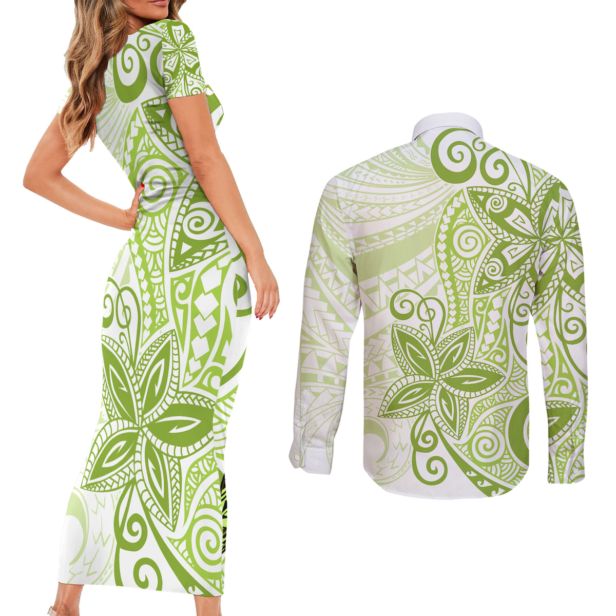 Polynesia Dolphins Couples Matching Short Sleeve Bodycon Dress and Long Sleeve Button Shirt Valentine Day Floral Polynesian - Vintage Lime Green LT14 - Polynesian Pride