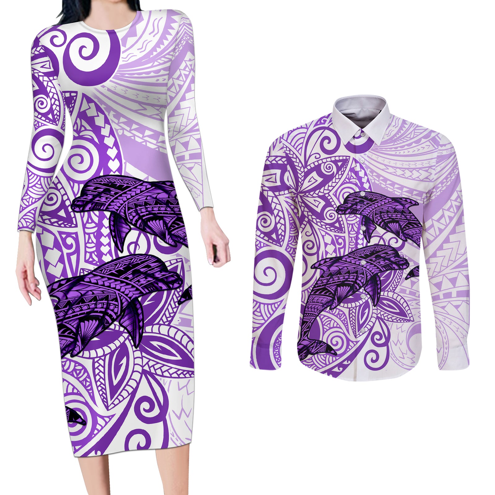Polynesia Dolphins Couples Matching Long Sleeve Bodycon Dress and Long Sleeve Button Shirt Valentine Day Floral Polynesian - Vintage Purple LT14 Purple - Polynesian Pride