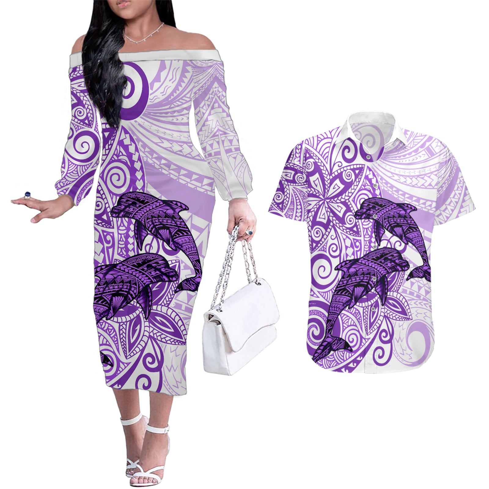 Polynesia Dolphins Couples Matching Off The Shoulder Long Sleeve Dress and Hawaiian Shirt Valentine Day Floral Polynesian - Vintage Purple LT14 Purple - Polynesian Pride