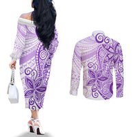 Polynesia Dolphins Couples Matching Off The Shoulder Long Sleeve Dress and Long Sleeve Button Shirt Valentine Day Floral Polynesian - Vintage Purple LT14 - Polynesian Pride
