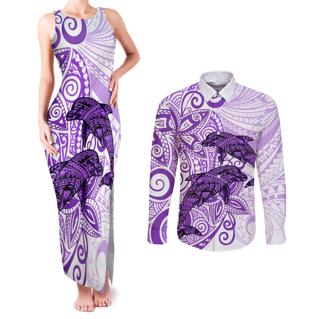 Polynesia Dolphins Couples Matching Tank Maxi Dress and Long Sleeve Button Shirt Valentine Day Floral Polynesian - Vintage Purple LT14 Purple - Polynesian Pride