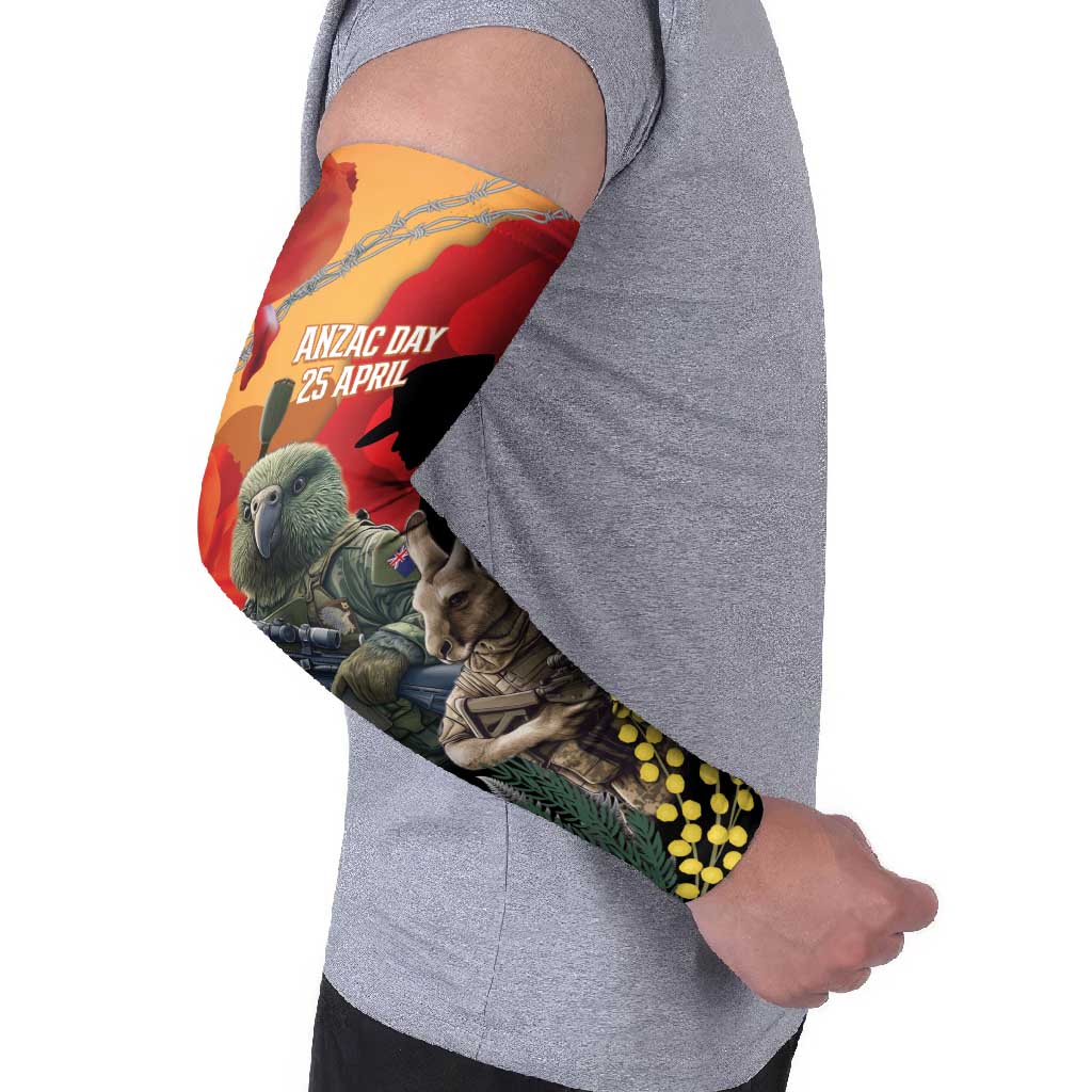 New Zealand and Australia ANZAC Day Arm Sleeves Sliver Fern Kakapo With Golden Wattle Kangaroo - Polynesian Pride