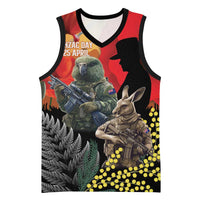New Zealand and Australia ANZAC Day Basketball Jersey Sliver Fern Kakapo With Golden Wattle Kangaroo - Polynesian Pride