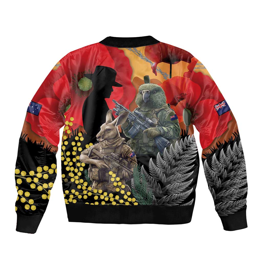 New Zealand and Australia ANZAC Day Bomber Jacket Sliver Fern Kakapo With Golden Wattle Kangaroo