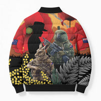 New Zealand and Australia ANZAC Day Bomber Puffer Jacket Sliver Fern Kakapo With Golden Wattle Kangaroo - Polynesian Pride