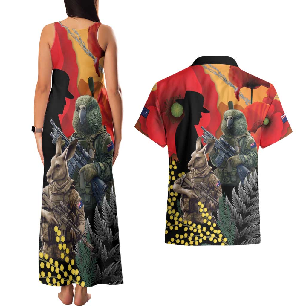 New Zealand and Australia ANZAC Day Couples Matching Tank Maxi Dress and Hawaiian Shirt Sliver Fern Kakapo With Golden Wattle Kangaroo LT14 - Polynesian Pride