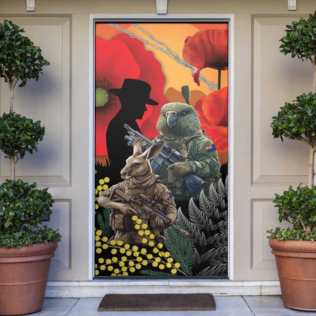 New Zealand and Australia ANZAC Day Door Cover Sliver Fern Kakapo With Golden Wattle Kangaroo - Polynesian Pride
