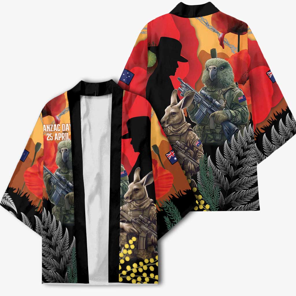 New Zealand and Australia ANZAC Day Kimono Sliver Fern Kakapo With Golden Wattle Kangaroo - Polynesian Pride