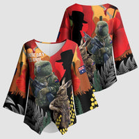 New Zealand and Australia ANZAC Day Kimono Sleeve Blouse Sliver Fern Kakapo With Golden Wattle Kangaroo - Polynesian Pride