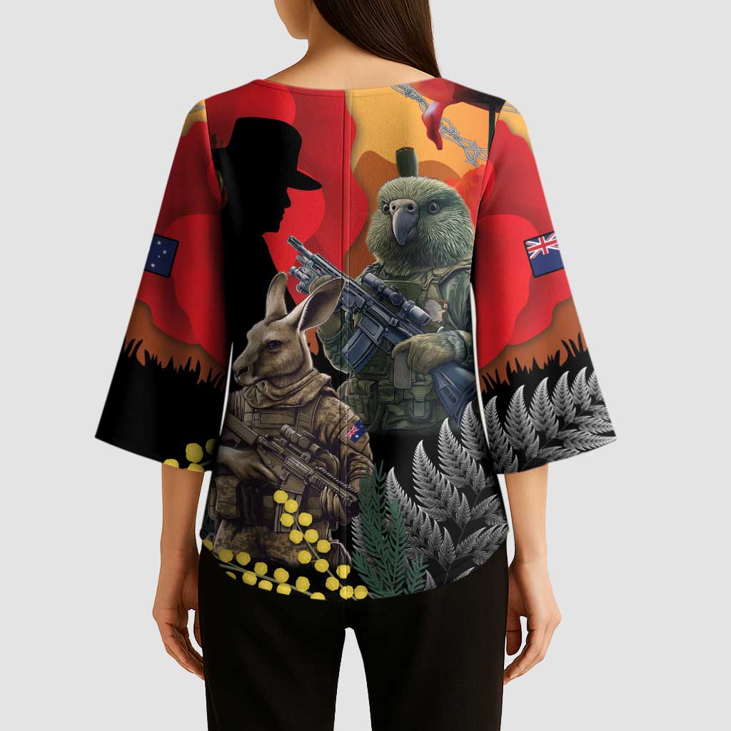 New Zealand and Australia ANZAC Day Kimono Sleeve Blouse Sliver Fern Kakapo With Golden Wattle Kangaroo - Polynesian Pride