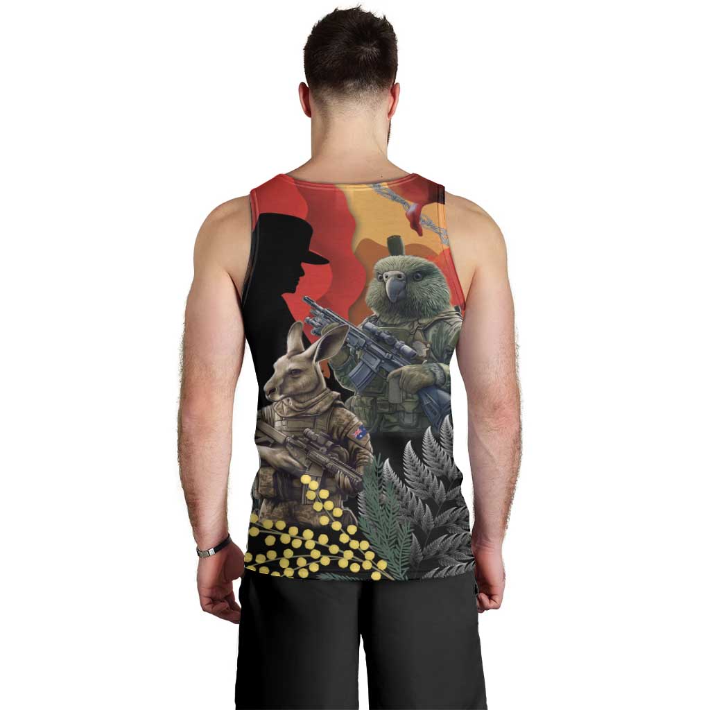 New Zealand and Australia ANZAC Day Men Tank Top Sliver Fern Kakapo With Golden Wattle Kangaroo