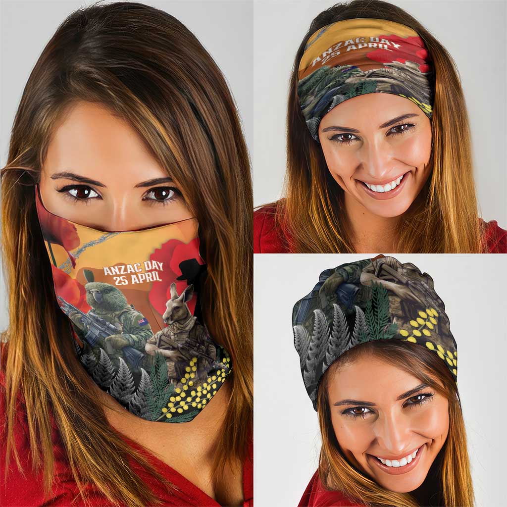New Zealand and Australia ANZAC Day Neck Gaiter Sliver Fern Kakapo With Golden Wattle Kangaroo - Polynesian Pride