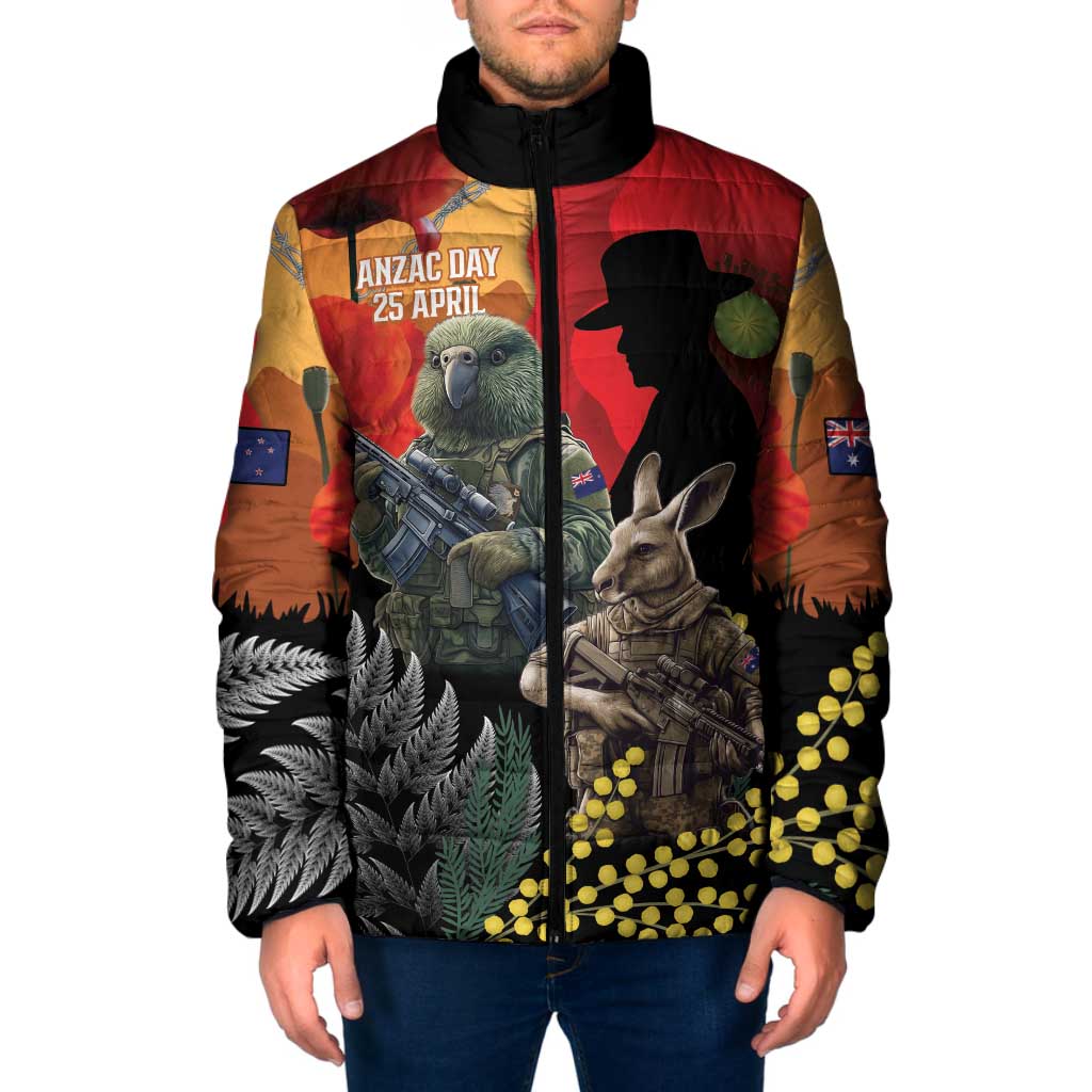 New Zealand and Australia ANZAC Day Padded Jacket Sliver Fern Kakapo With Golden Wattle Kangaroo - Polynesian Pride