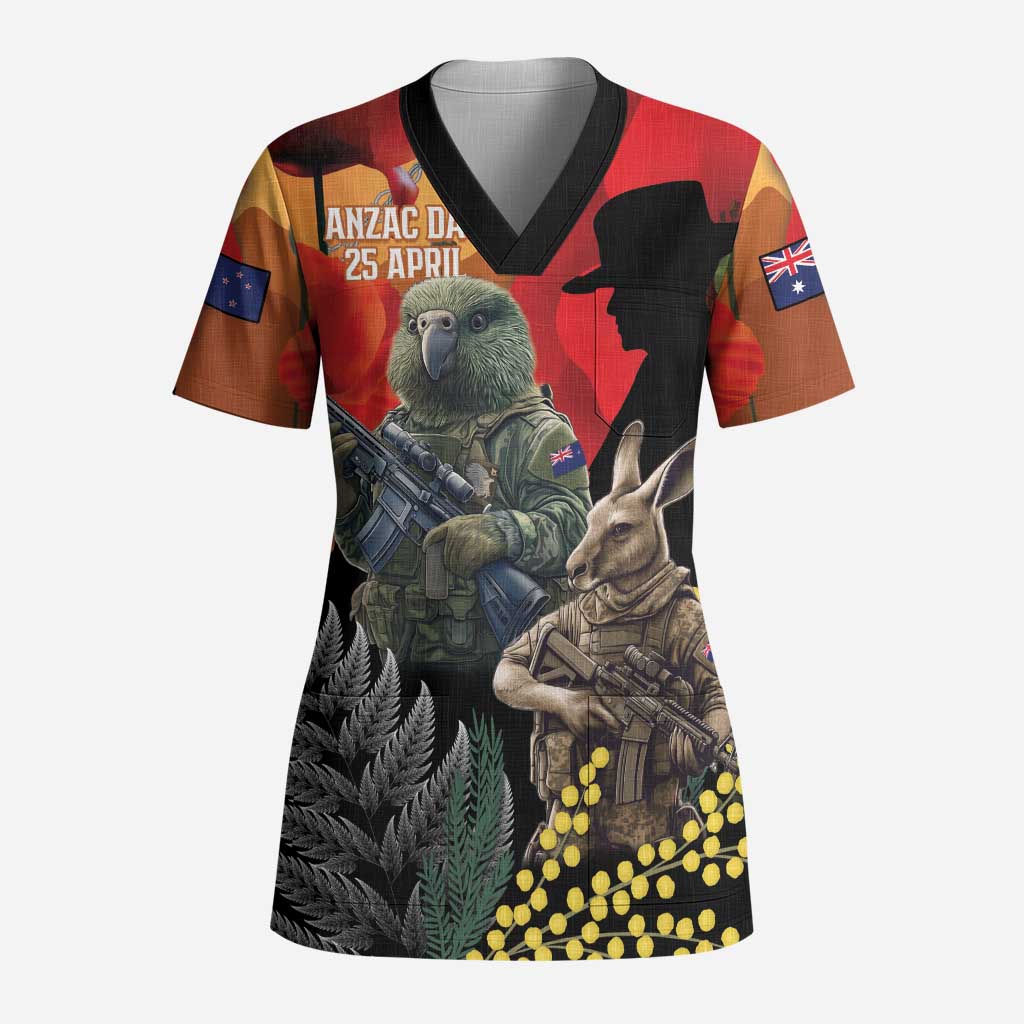 New Zealand and Australia ANZAC Day Scrub Top Sliver Fern Kakapo With Golden Wattle Kangaroo - Polynesian Pride