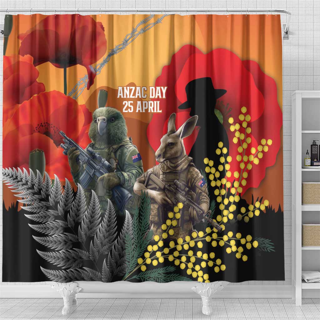 New Zealand and Australia ANZAC Day Shower Curtain Sliver Fern Kakapo With Golden Wattle Kangaroo