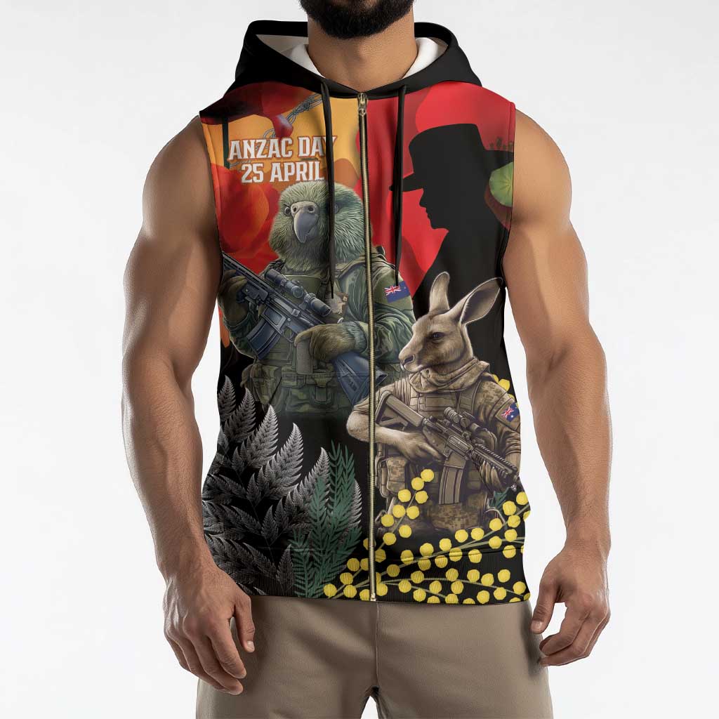 New Zealand and Australia ANZAC Day Sleeveless Zip Hoodie Sliver Fern Kakapo With Golden Wattle Kangaroo - Polynesian Pride
