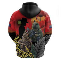 New Zealand and Australia ANZAC Day Zip Hoodie Sliver Fern Kakapo With Golden Wattle Kangaroo