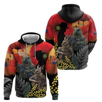 New Zealand and Australia ANZAC Day Zip Hoodie Sliver Fern Kakapo With Golden Wattle Kangaroo