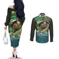 Aotearoa Tangaroa Atua Couples Matching Off The Shoulder Long Sleeve Dress and Long Sleeve Button Shirt New Zealand God Of The Ocean