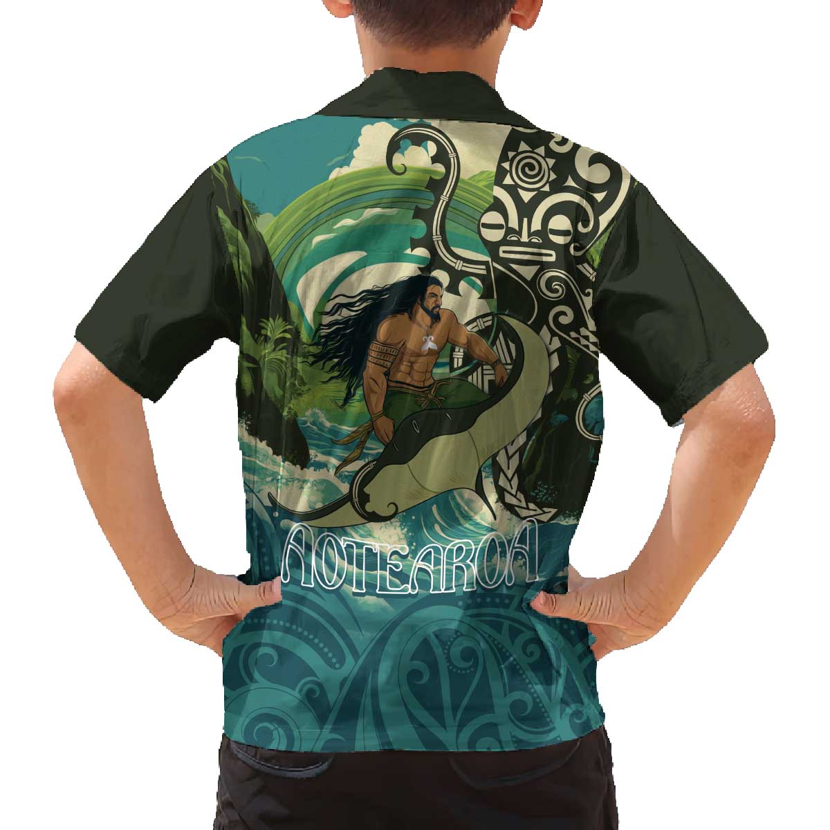 Aotearoa Tangaroa Atua Family Matching Off The Shoulder Long Sleeve Dress and Hawaiian Shirt New Zealand God Of The Ocean