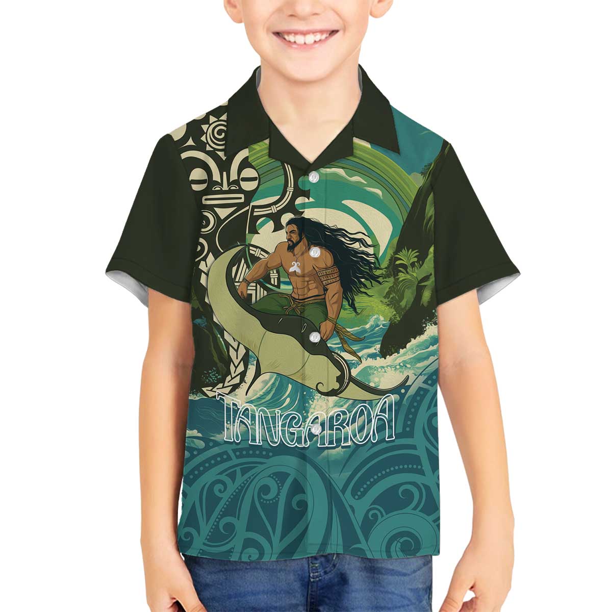 Aotearoa Tangaroa Atua Family Matching Off The Shoulder Long Sleeve Dress and Hawaiian Shirt New Zealand God Of The Ocean