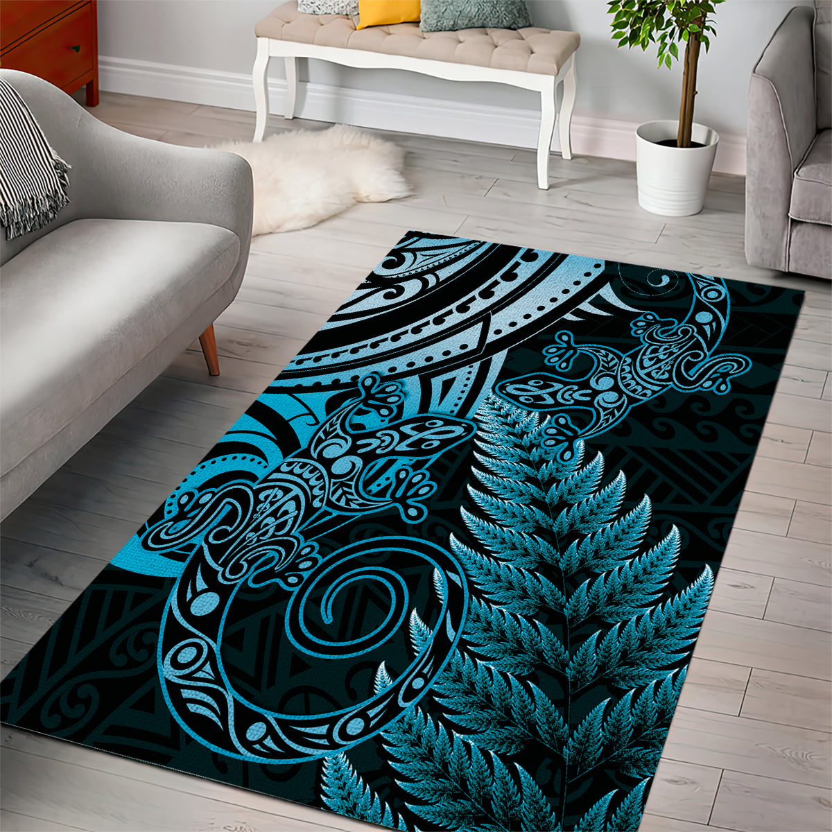 New Zealand Lizard Area Rug Silver Fern Aotearoa Maori Blue Version