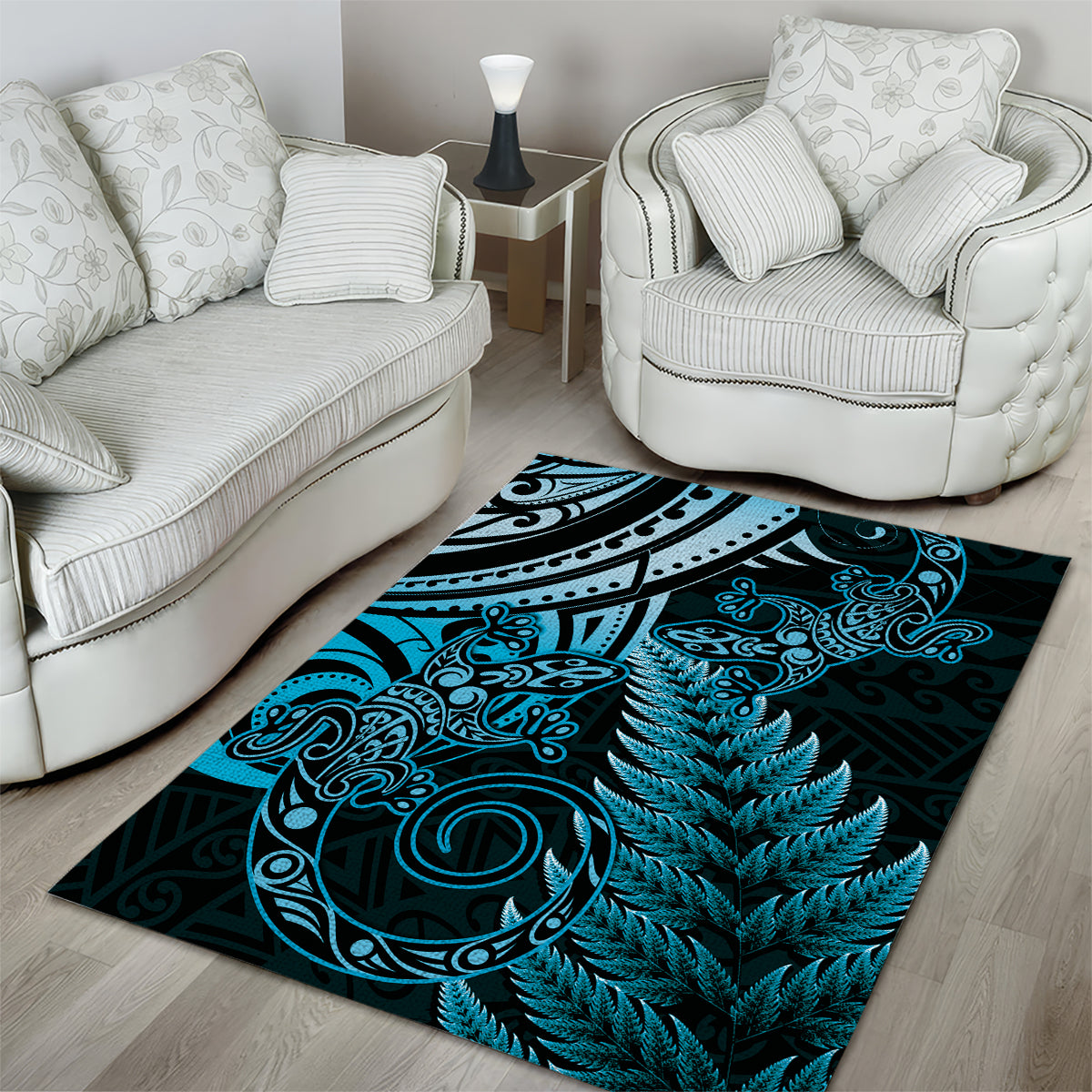 New Zealand Lizard Area Rug Silver Fern Aotearoa Maori Blue Version