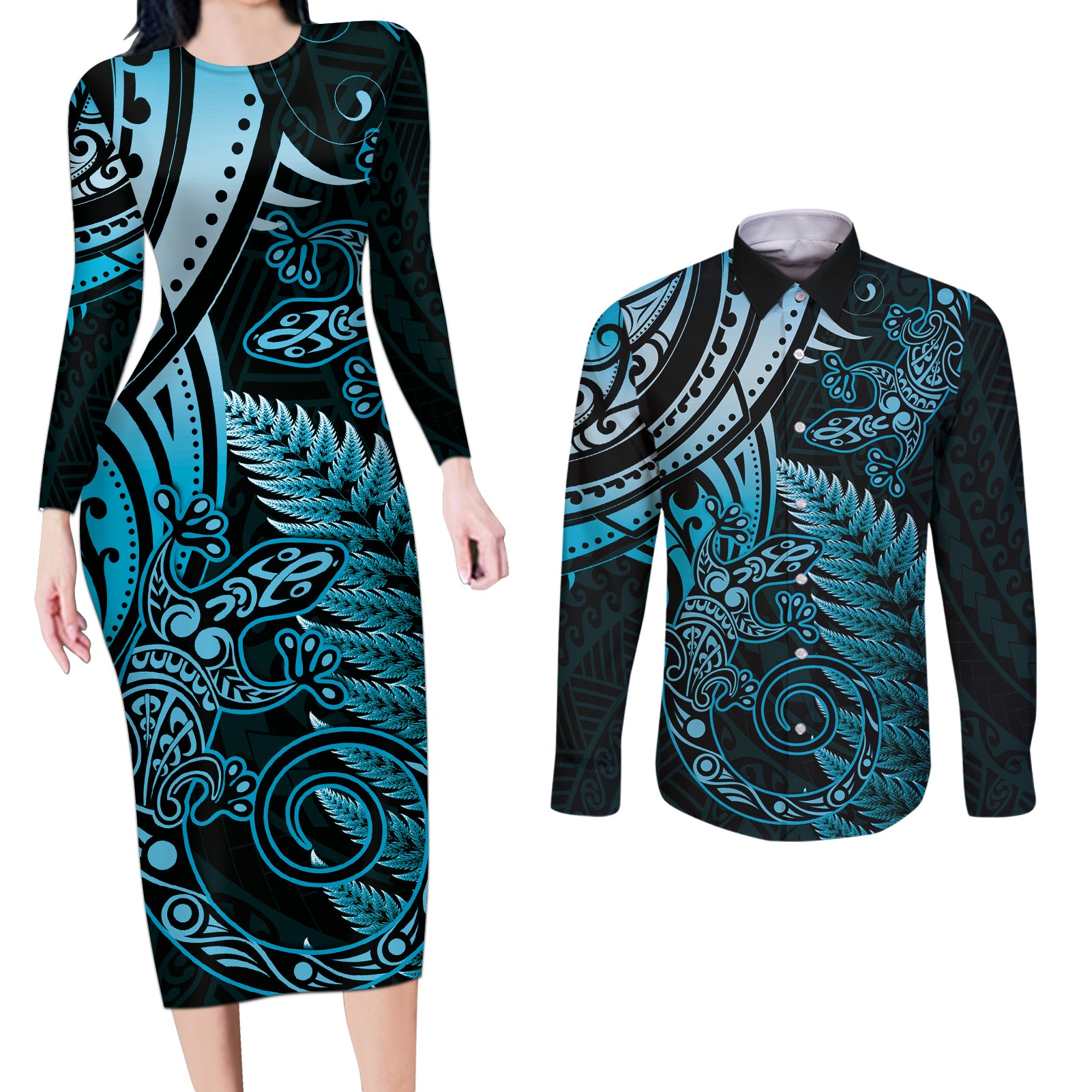 New Zealand Lizard Couples Matching Long Sleeve Bodycon Dress and Long Sleeve Button Shirt Silver Fern Aotearoa Maori Blue Version