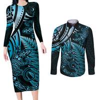 New Zealand Lizard Couples Matching Long Sleeve Bodycon Dress and Long Sleeve Button Shirt Silver Fern Aotearoa Maori Blue Version