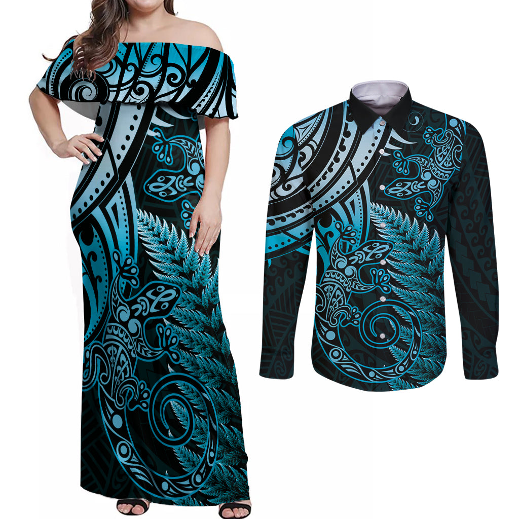 New Zealand Lizard Couples Matching Off Shoulder Maxi Dress and Long Sleeve Button Shirt Silver Fern Aotearoa Maori Blue Version