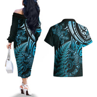 New Zealand Lizard Couples Matching Off The Shoulder Long Sleeve Dress and Hawaiian Shirt Silver Fern Aotearoa Maori Blue Version