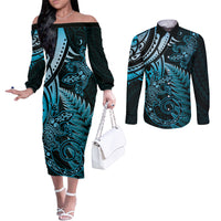 New Zealand Lizard Couples Matching Off The Shoulder Long Sleeve Dress and Long Sleeve Button Shirt Silver Fern Aotearoa Maori Blue Version