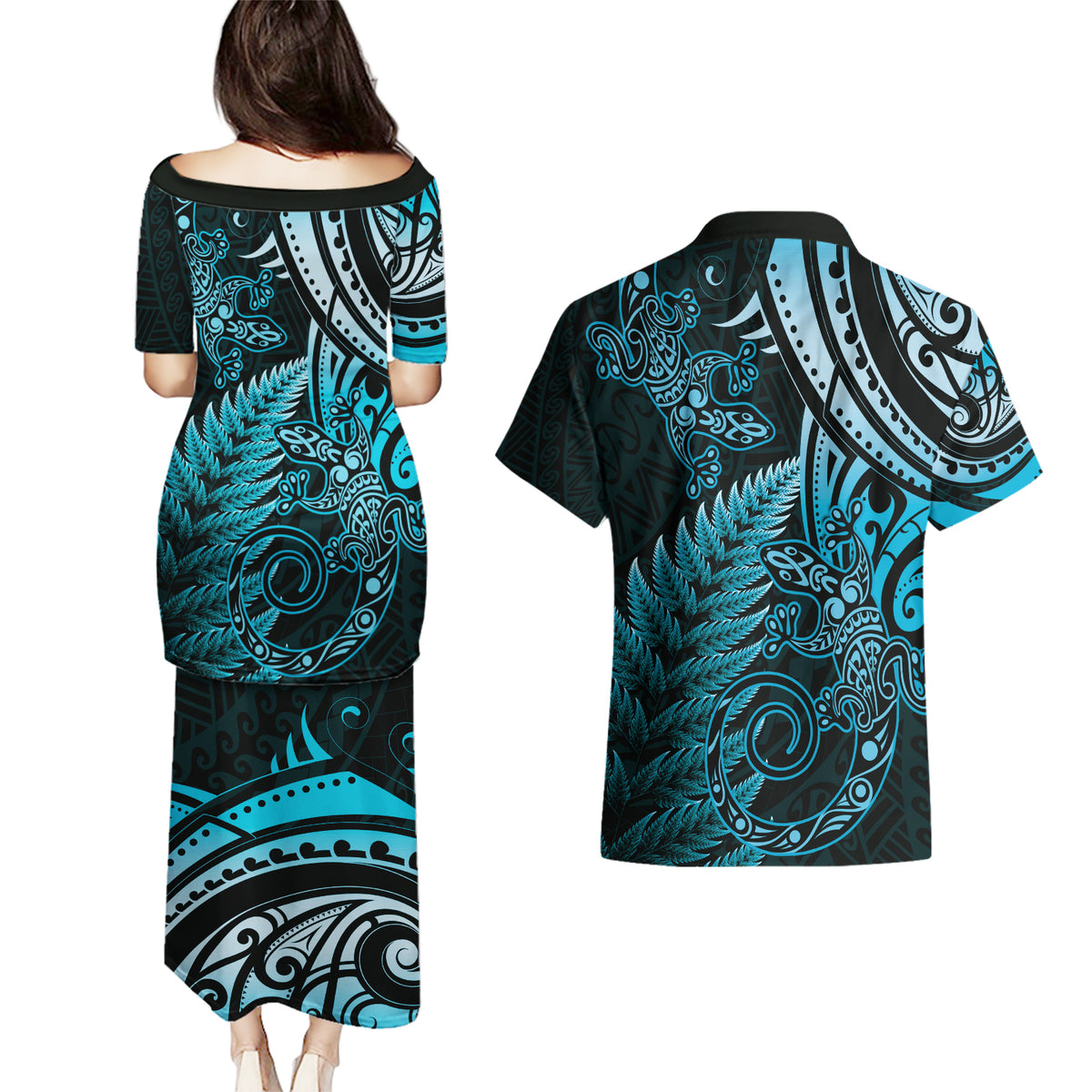 New Zealand Lizard Couples Matching Puletasi and Hawaiian Shirt Silver Fern Aotearoa Maori Blue Version