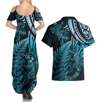 New Zealand Lizard Couples Matching Summer Maxi Dress and Hawaiian Shirt Silver Fern Aotearoa Maori Blue Version