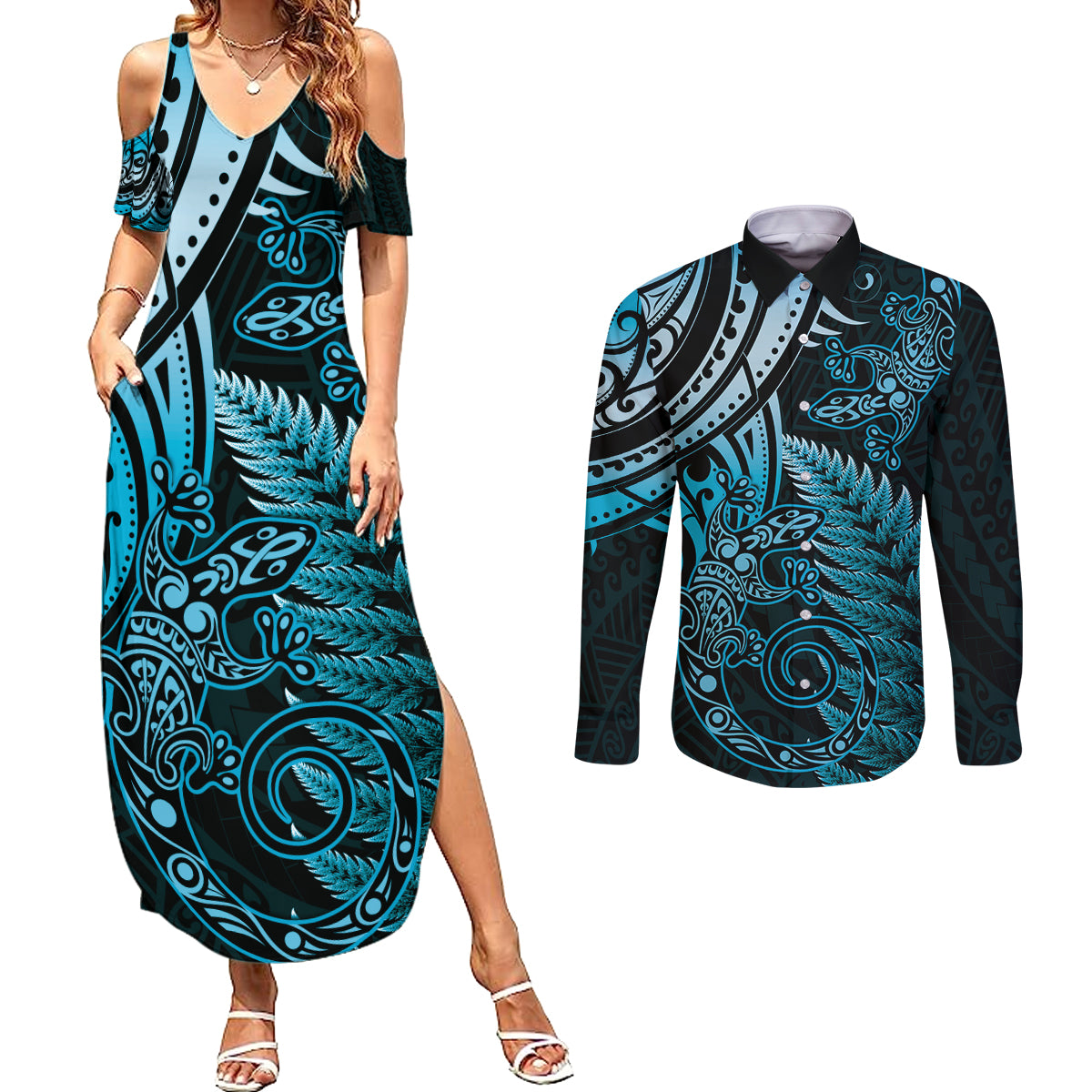 New Zealand Lizard Couples Matching Summer Maxi Dress and Long Sleeve Button Shirt Silver Fern Aotearoa Maori Blue Version