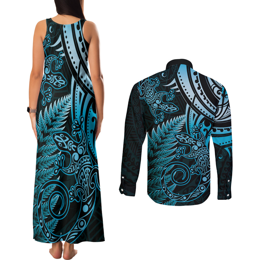 New Zealand Lizard Couples Matching Tank Maxi Dress and Long Sleeve Button Shirt Silver Fern Aotearoa Maori Blue Version