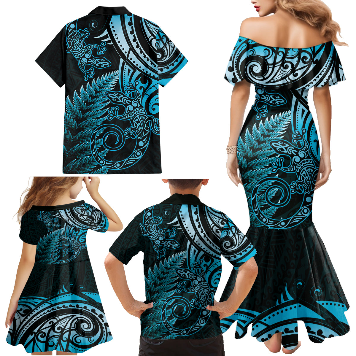 New Zealand Lizard Family Matching Mermaid Dress and Hawaiian Shirt Silver Fern Aotearoa Maori Blue Version