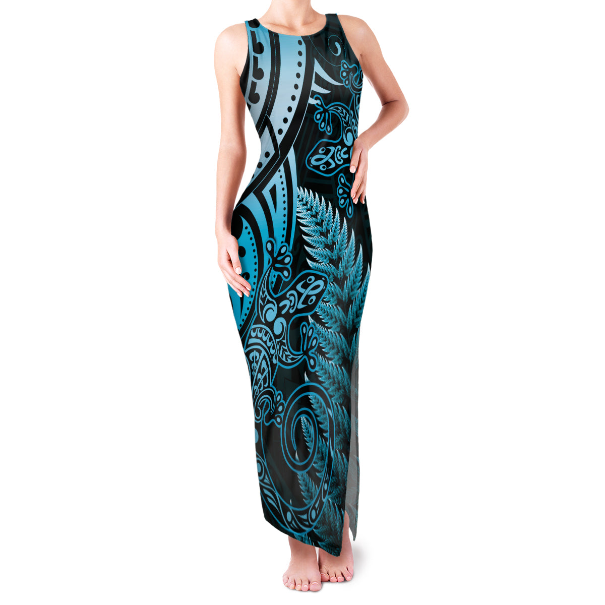 New Zealand Lizard Family Matching Tank Maxi Dress and Hawaiian Shirt Silver Fern Aotearoa Maori Blue Version