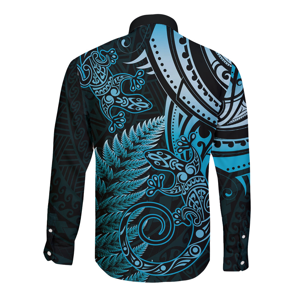 New Zealand Lizard Long Sleeve Button Shirt Silver Fern Aotearoa Maori Blue Version