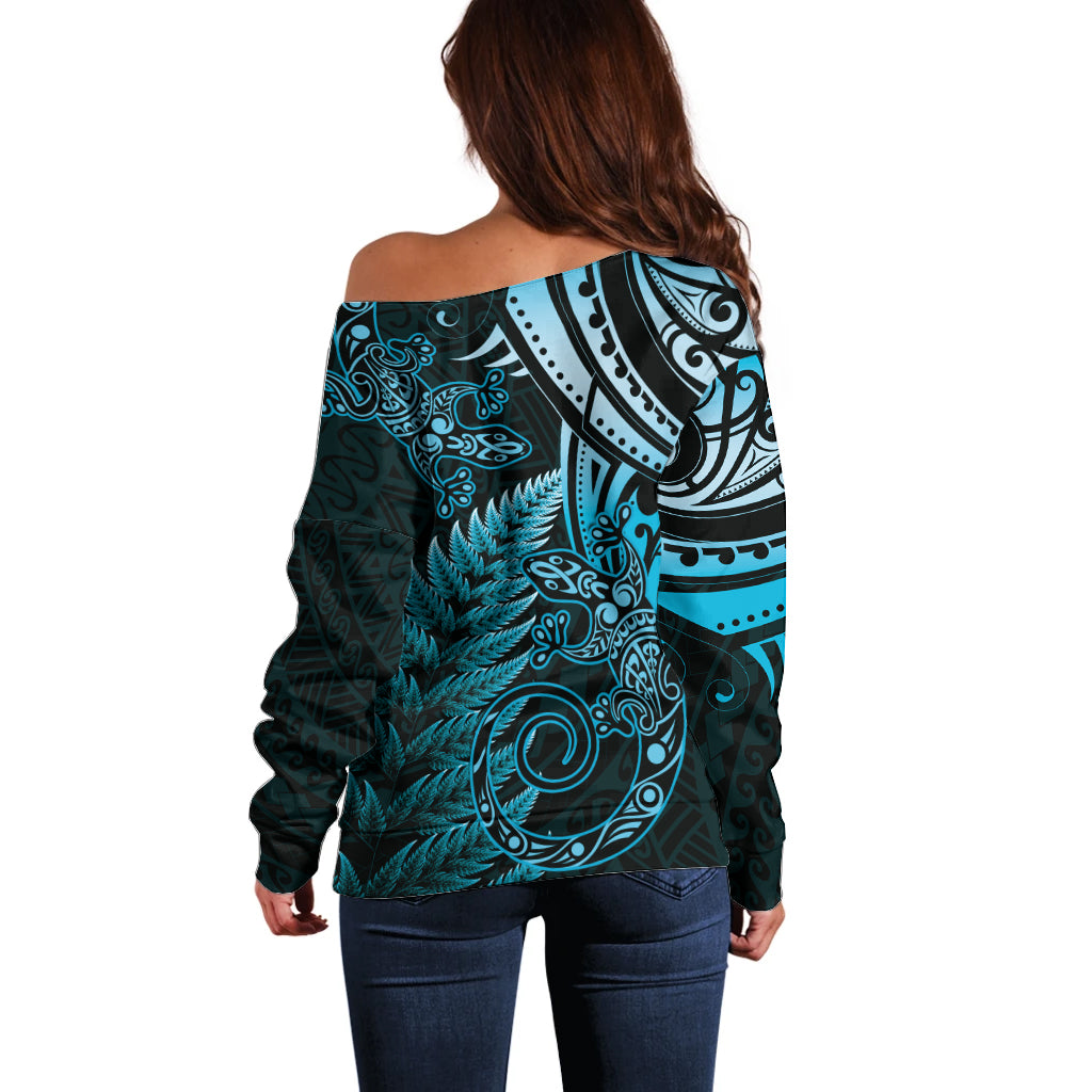 New Zealand Lizard Off Shoulder Sweater Silver Fern Aotearoa Maori Blue Version